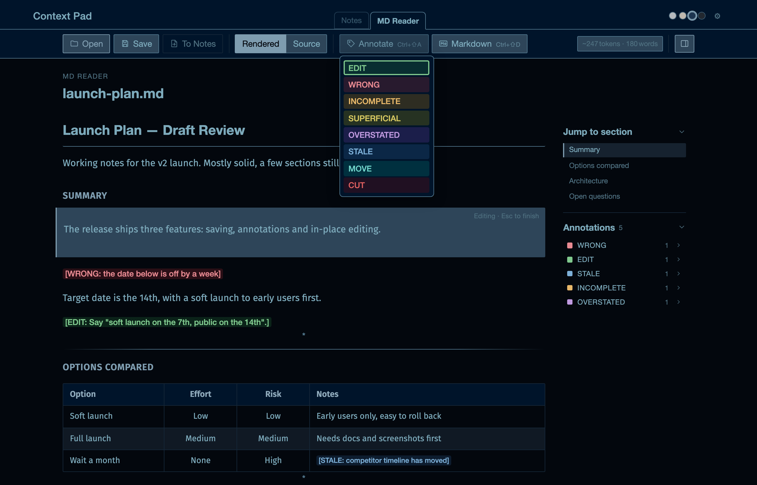 Context Pad — editing a block in place in the MD Reader, with the Annotate picker open