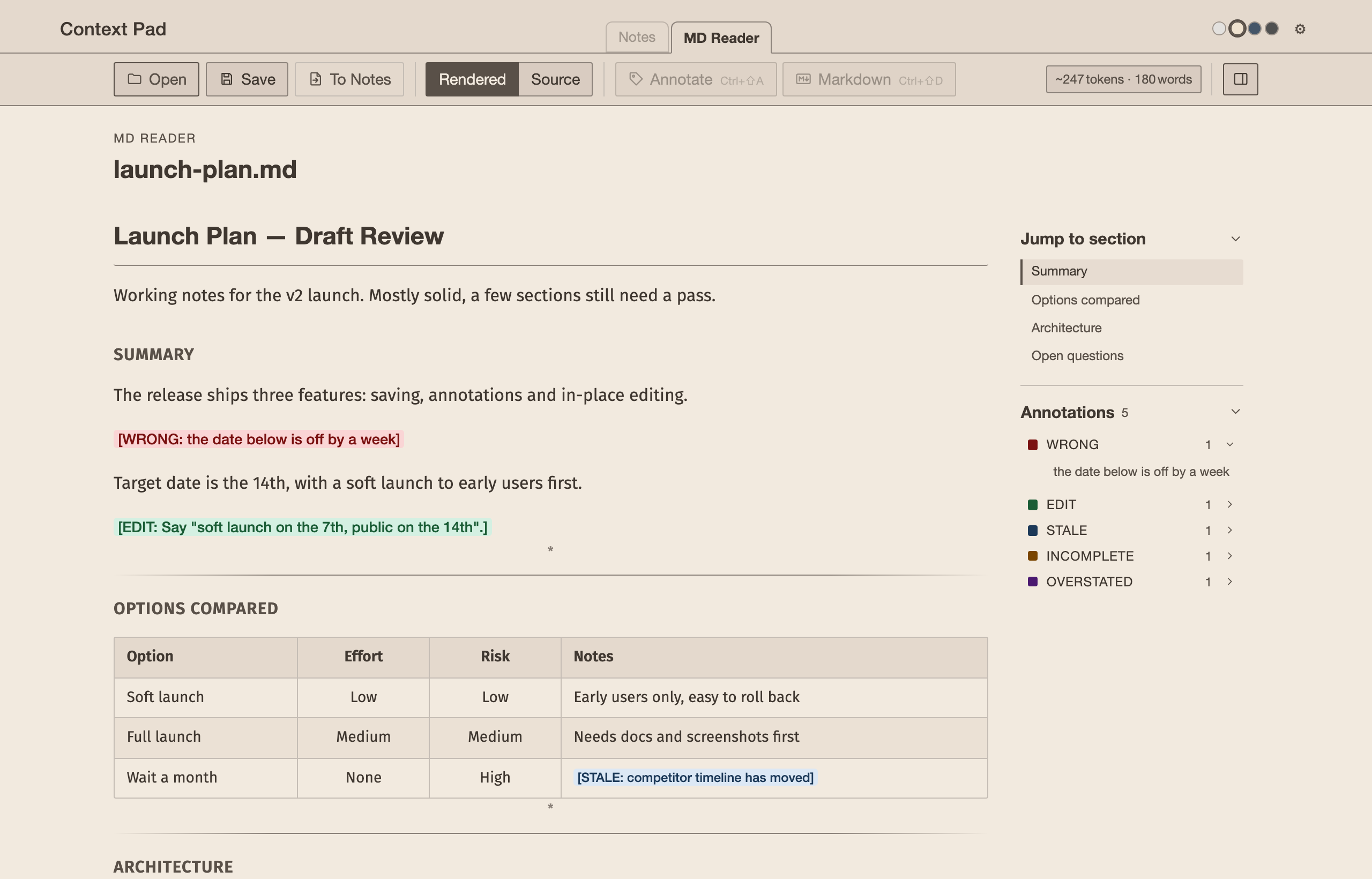 Context Pad — MD Reader in the Paper theme, with a table, annotation tags and the outline sidebar