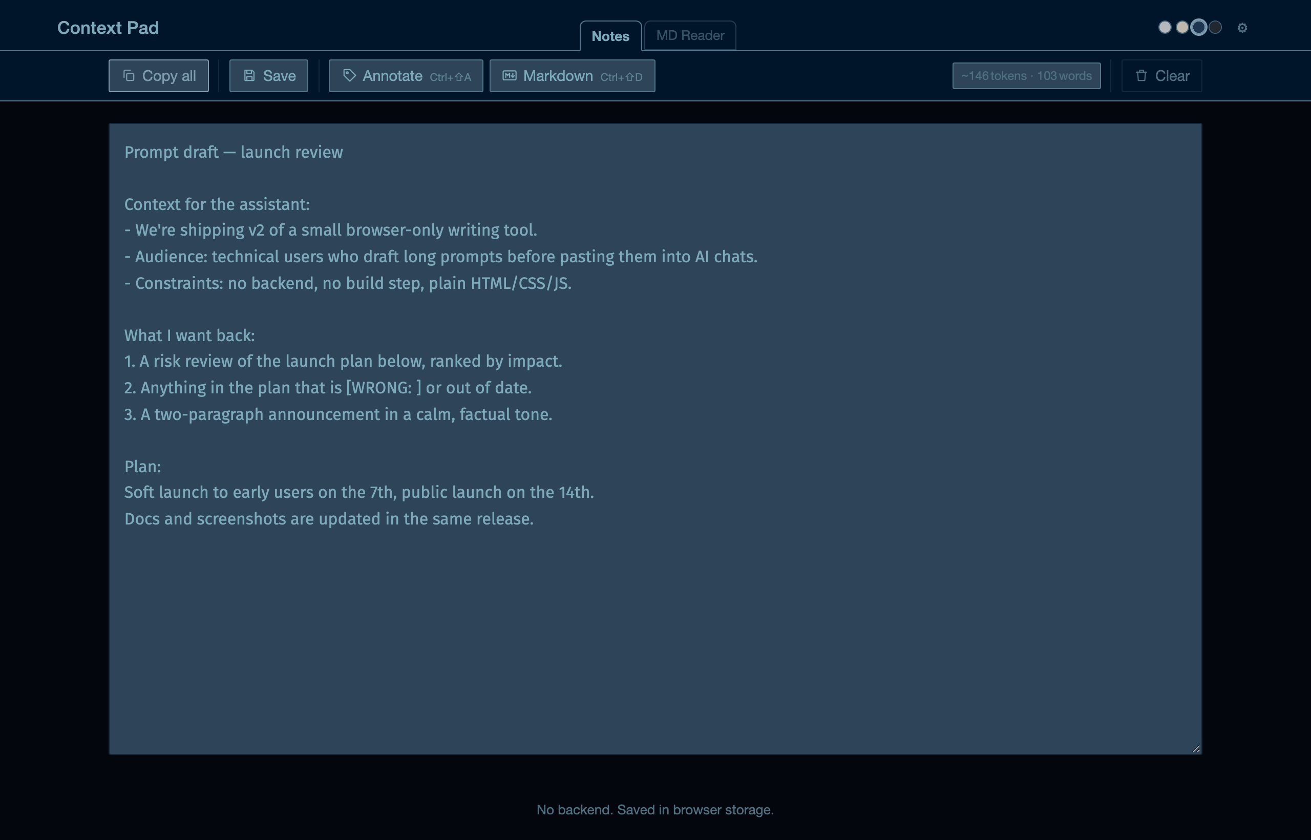 Drafting a prompt in Context Pad, with live token count before copying it out